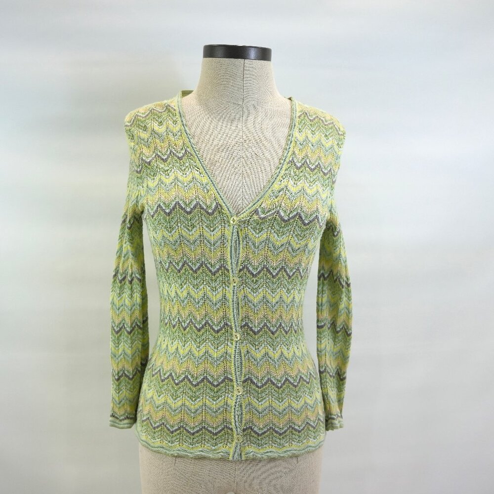 Sigrid Olsen Chevron Knit Button Up Sweater Cardigan Green Woman's Size Petite
